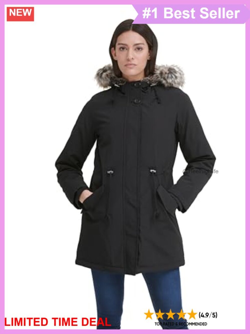 Faux Fur Lined Hooded Parka Anorak Jacket Zip Up Adjustable Waist